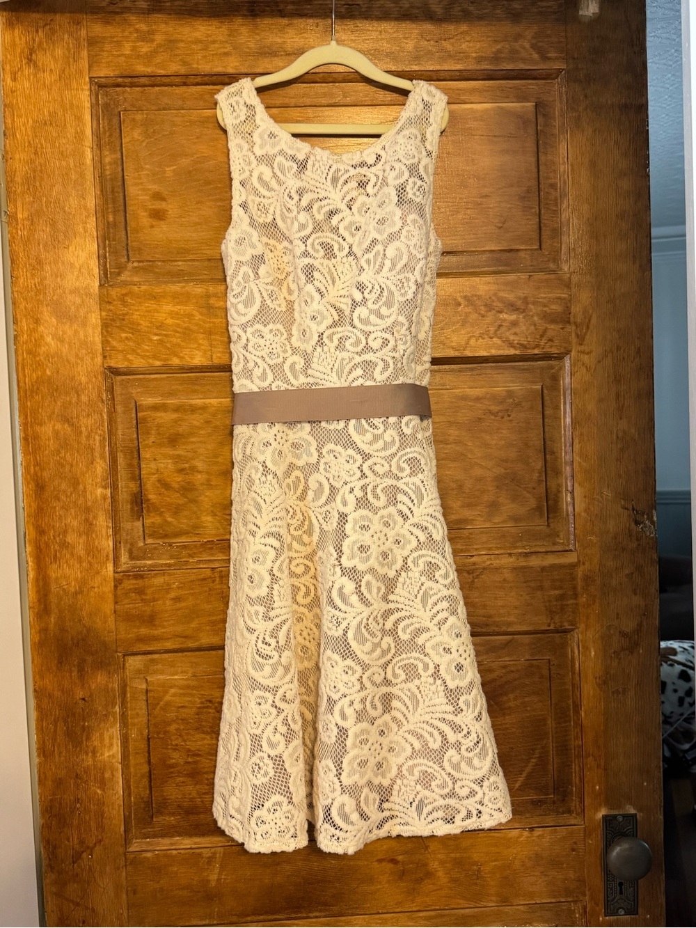 Wendye Chaitin Ivory Lace Midi Dress with Taupe Waistband